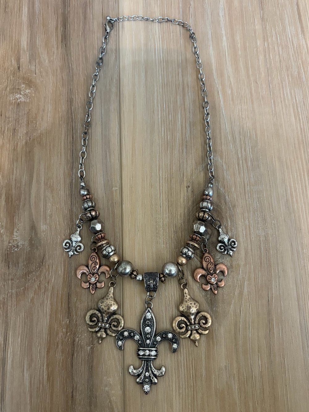 Vintage Multi Charm Fleur Di Lis Mixed Metal Necklace